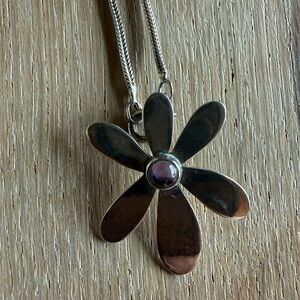 Sterling Silver Flower Pendant Necklace with Purple Center
